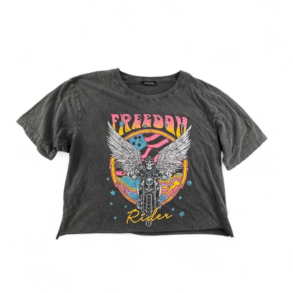 Zutter Freedom Rider Graphic Tee Women’s L Gray Cropped Biker Shirt